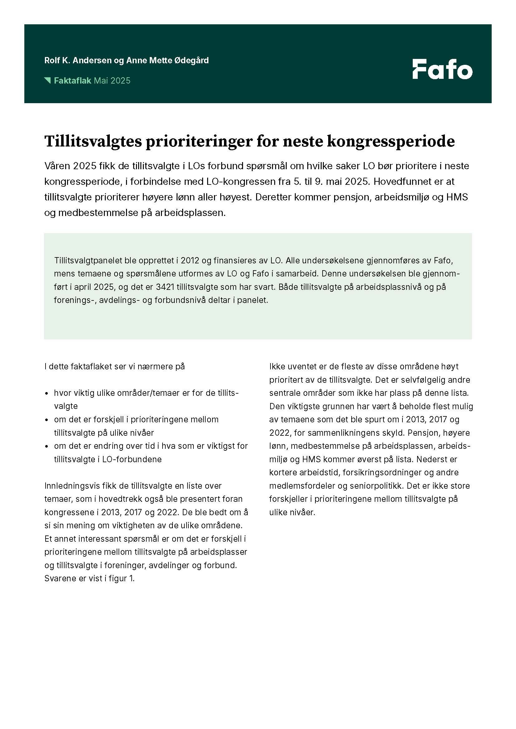 Tillitsvalgtes prioriteringer for neste kongressperiode