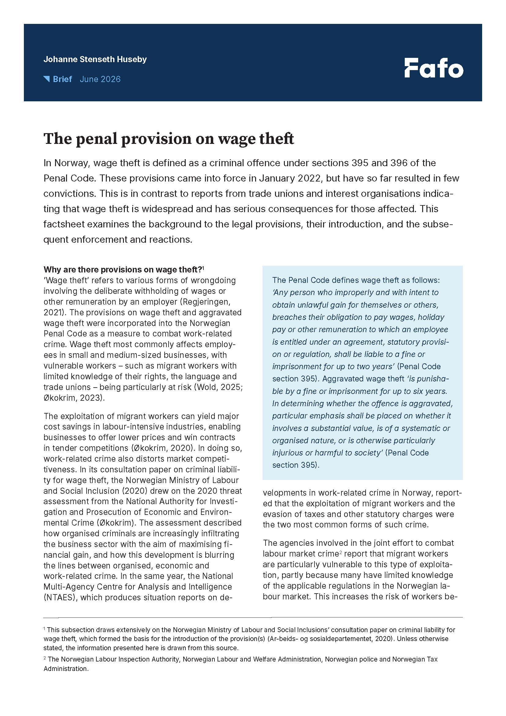 The penal provision on wage theft