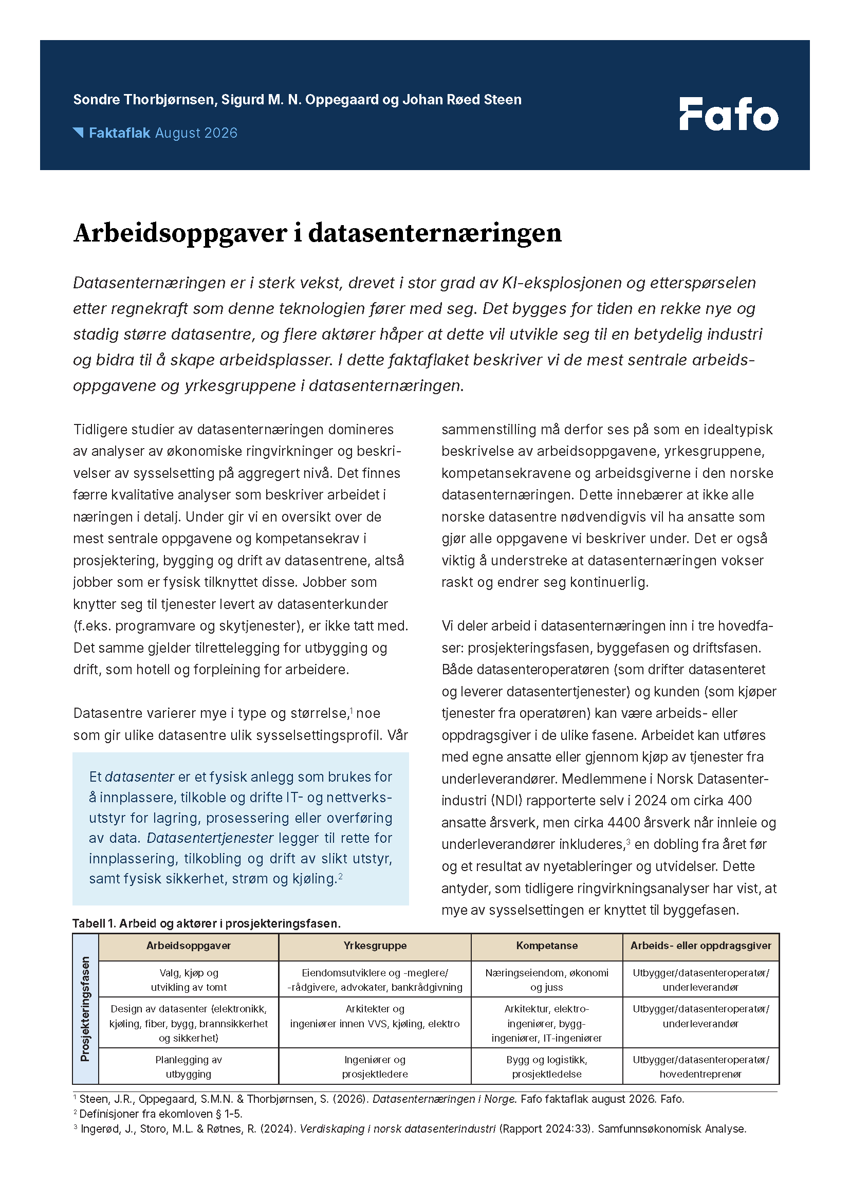 Arbeidsoppgaver i datasenternæringen